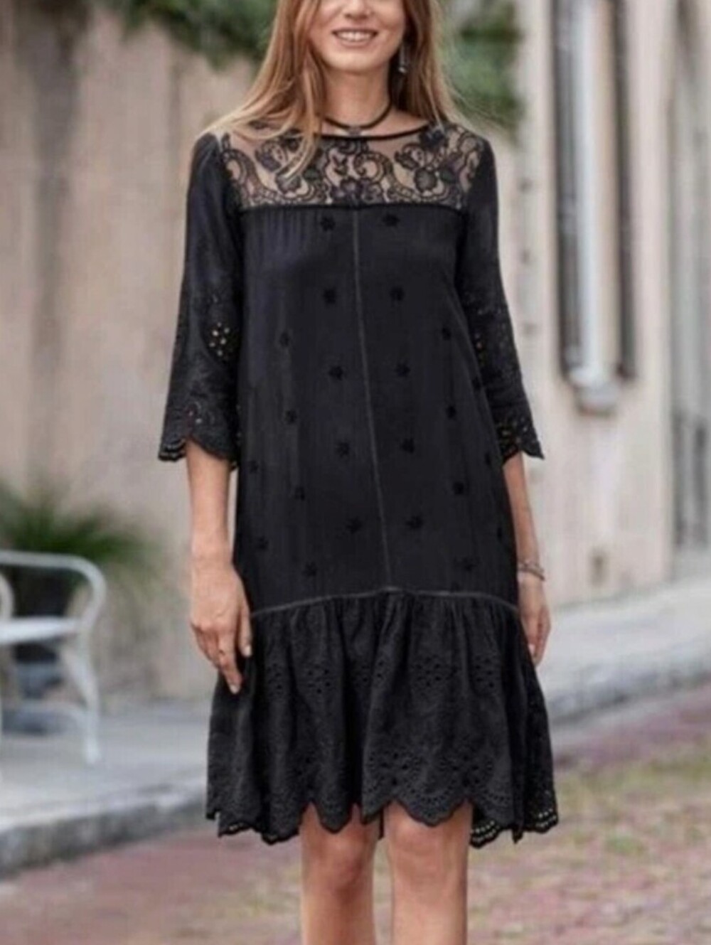 Sundance Black Nadine Drop Waist Lace Eyelet Midi Shift Dress - Size - Small